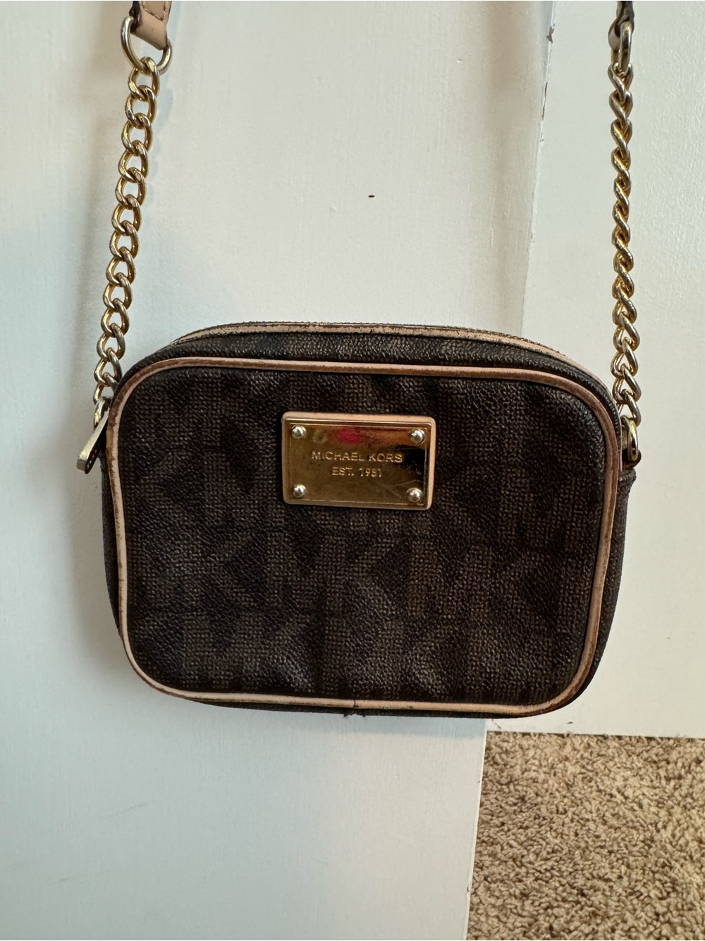 Michael Kors Dark Brown Monogram Crossbody with Gold Chain